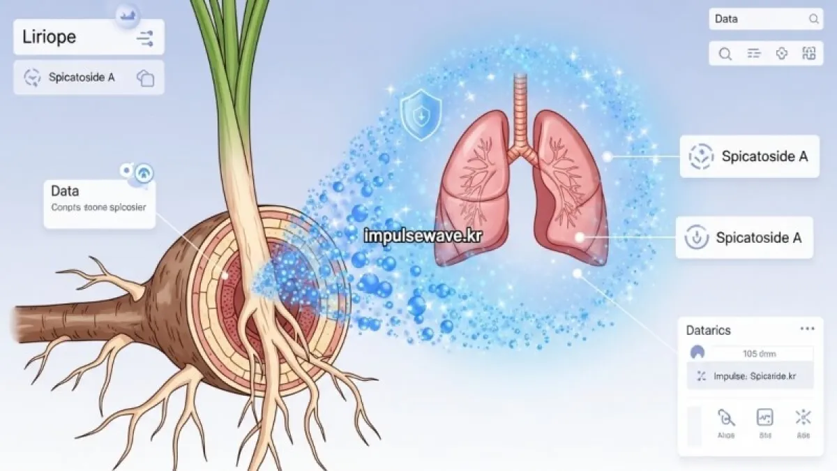 돋보기로 맥문동 뿌리 속 사포닌 성분을 확대하여 보여주는 과학적 인포그래픽