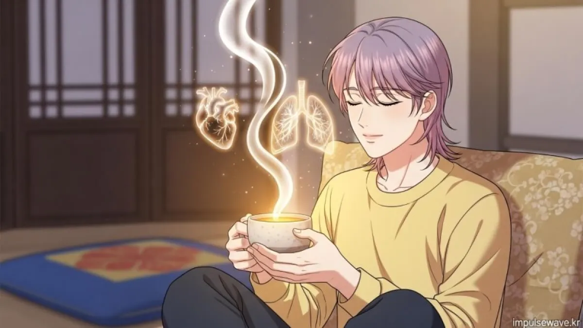 따뜻한 김이 올라오는 맑은 노란빛 맥문동차 한 잔과 심장/폐 아이콘