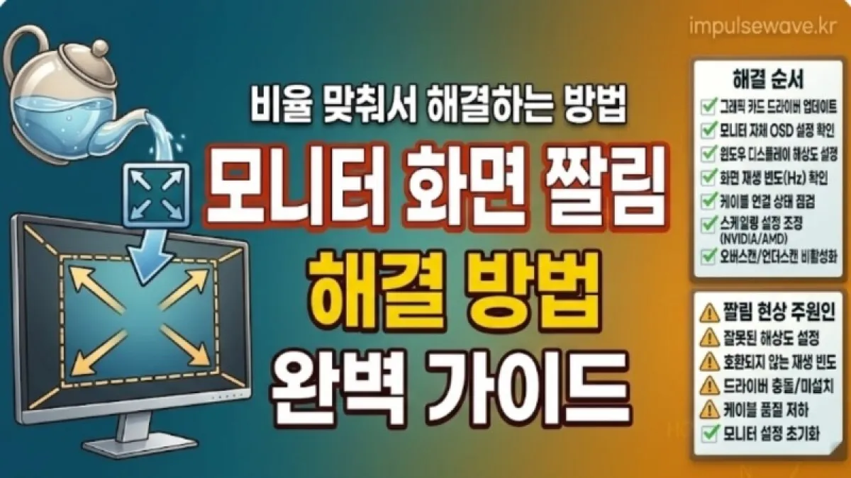 컴퓨터 모니터의 상단 메뉴와 아래쪽 작업표시줄이 화면 밖으로 잘려서 보이지 않는 당황스러운 상황 묘사