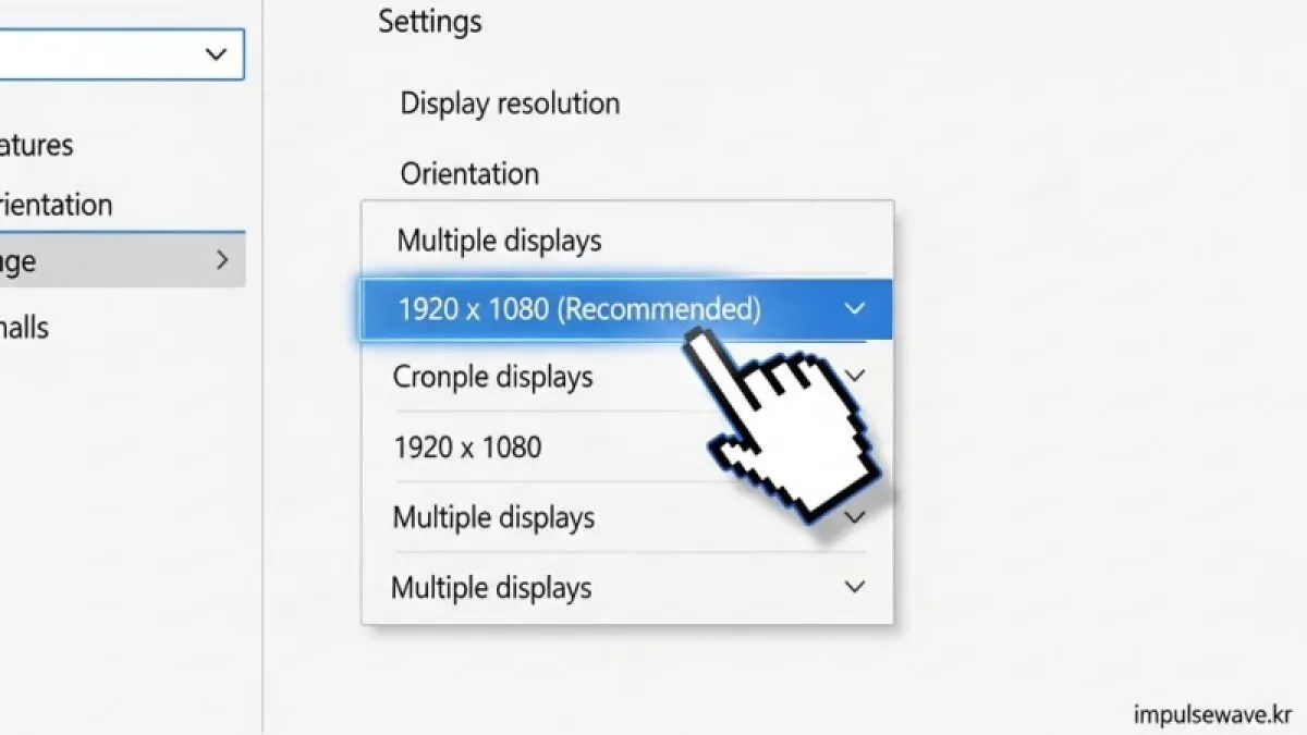윈도우 11 설정창에서 디스플레이 해상도 드롭다운 메뉴와 (권장) 텍스트를 강조한 화면 캡처 일러스트