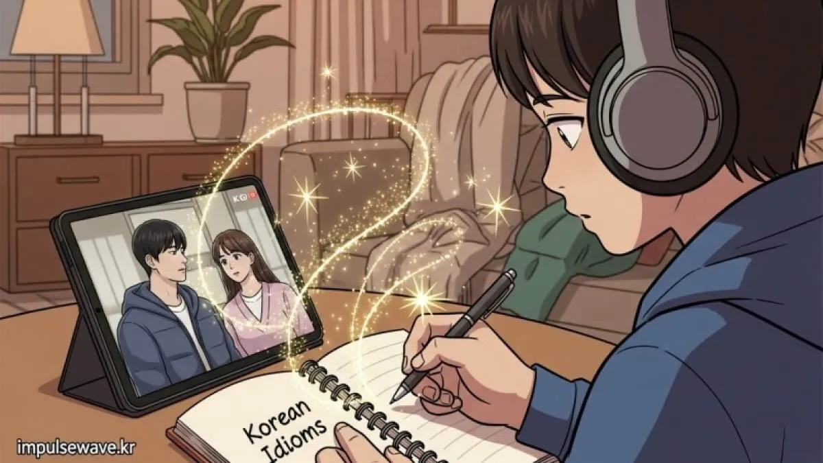 텔레비전 화면 속 한국 드라마 배우의 대사를 공책에 적으며 즐겁게 공부하는 외국인 학습자