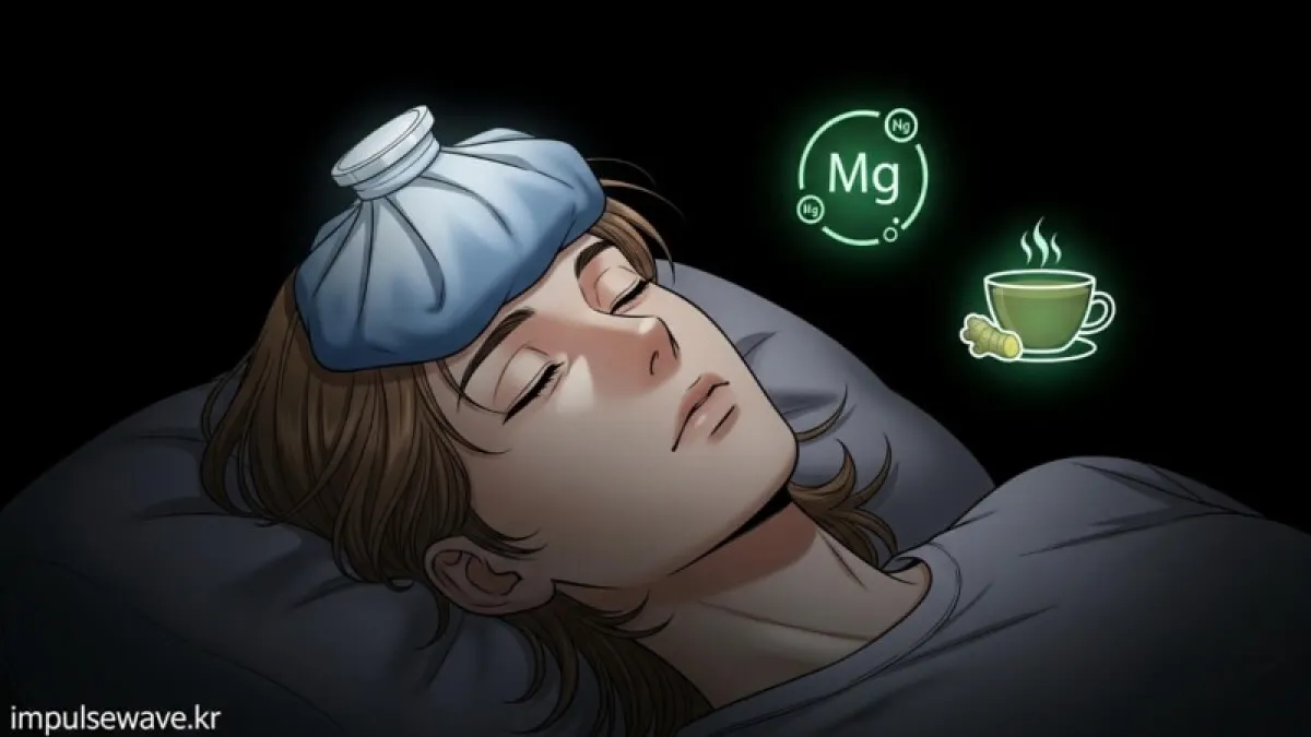 어두운 방에서 눈을 가리고 이마에 냉찜질 팩을 올린 채 휴식하는 사람