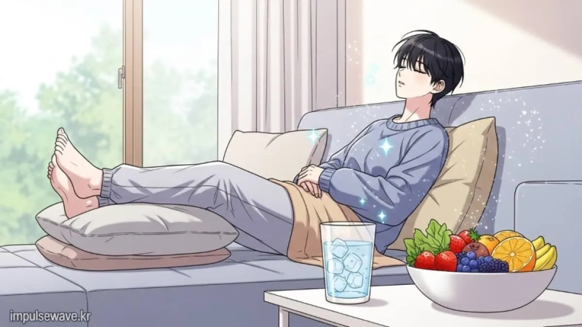 편안한 침대에 다리를 올리고 휴식을 취하는 모습과 신선한 채소 위주의 건강 식단