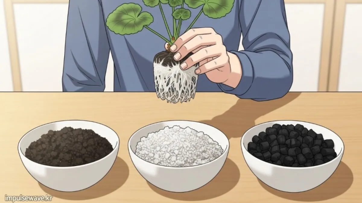 상토, 펄라이트, 훈탄이 섞인 고슬고슬한 배양토와 하얀 뿌리가 가득한 건강한 제라늄