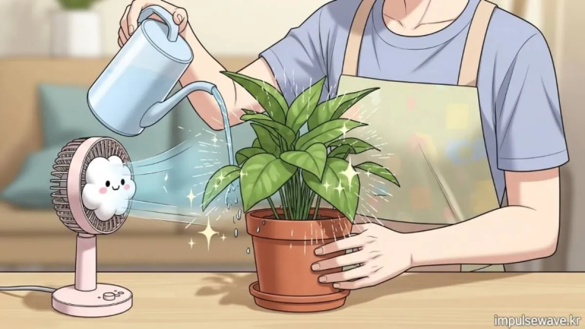 화분 받침에 물을 부어주는 저면관수 방식과 옆에서 돌아가는 미니 서큘레이터