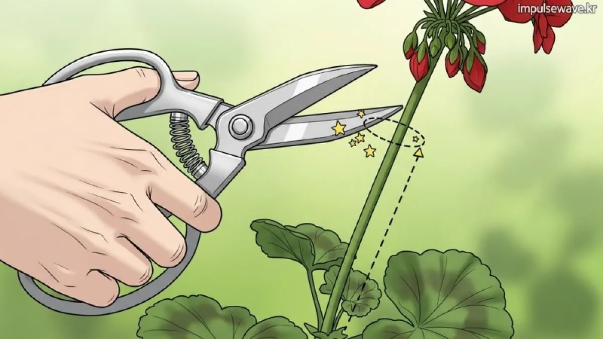 전정 가위로 길게 자란 제라늄 줄기를 자르는 모습과 풍성해진 비포 애프터 비교