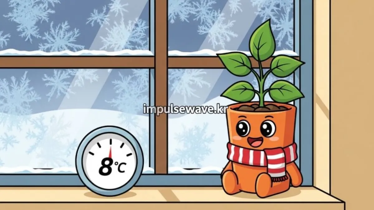 서리가 살짝 내려앉은 베란다 창가에서 추위를 견디며 꽃눈을 준비하는 제라늄 화분