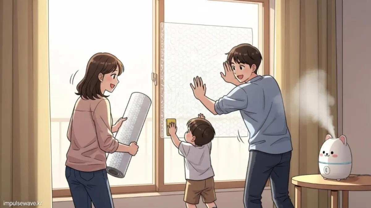 창문에 뽁뽁이를 붙이고 가습기를 틀며 보일러 온도를 조절하는 따뜻한 거실 풍경