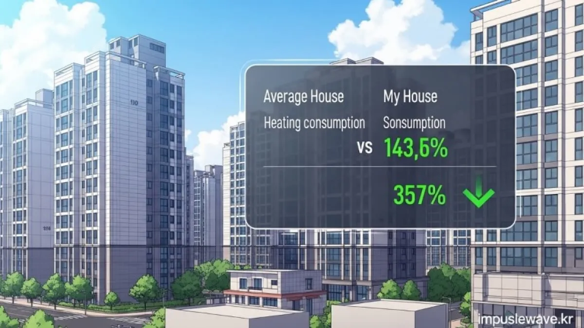 아파트 단지 배경에 투명한 디지털 고지서가 오버레이 되어 평균 사용량을 보여주는 인포그래픽