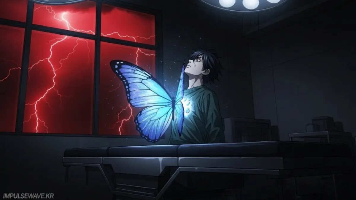 거친 폭풍우가 몰아치는 바다 위 수술대와 그것을 뚫고 나오는 나비 한 마리