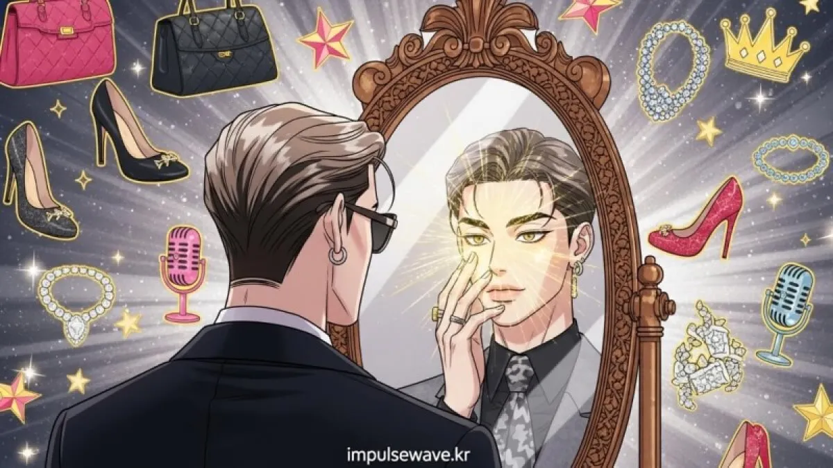 거울 속 자신의 얼굴이 황금빛으로 변하며 빛나는 모습을 지켜보는 캐릭터