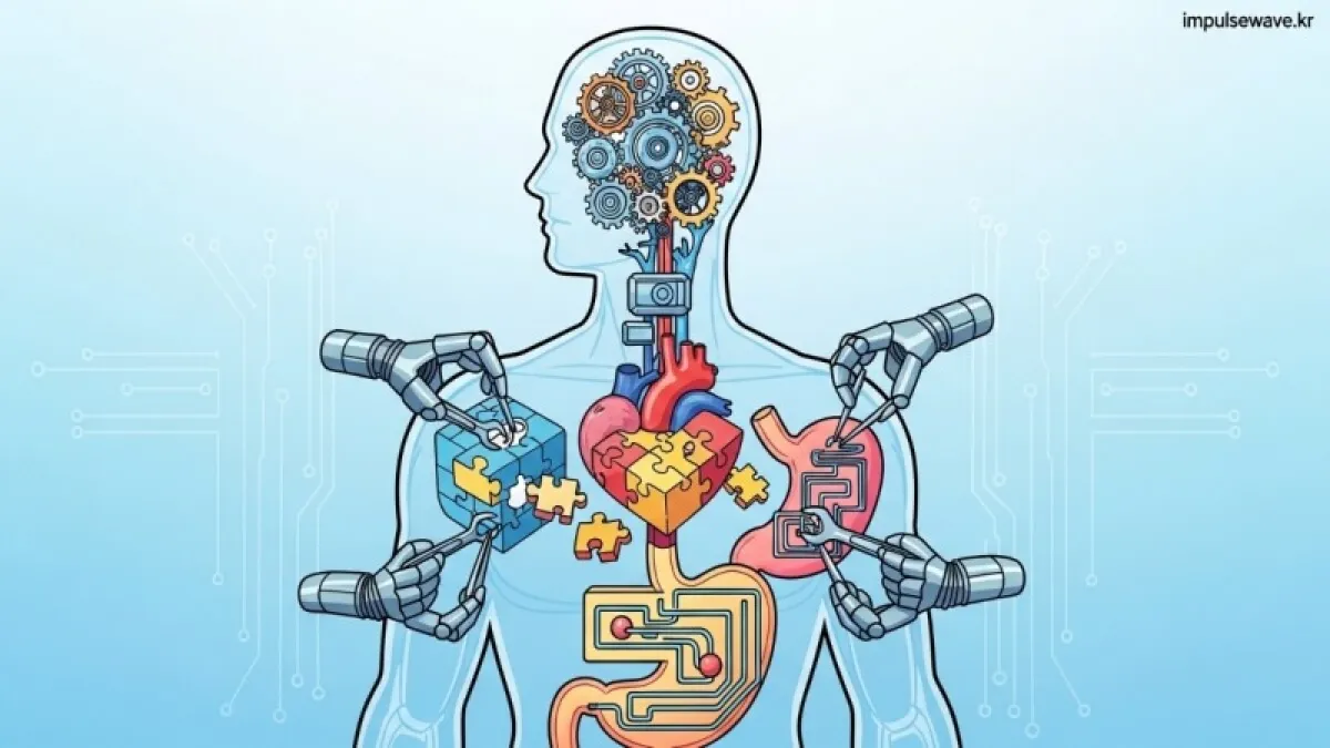 인간의 실루엣 위에 머리, 심장, 복부 부위가 퍼즐 조각처럼 맞춰지는 인포그래픽