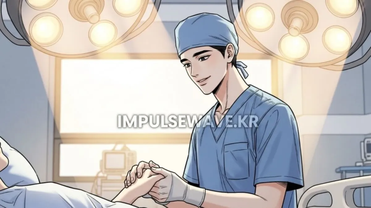 푸른 수술복을 입은 의사가 인자한 미소를 지으며 환자의 손을 잡는 꿈의 한 장면