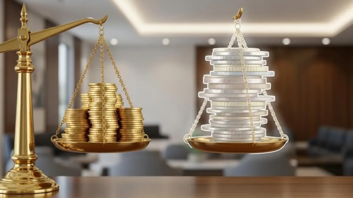 집, 자동차, 통장 아이콘이 저울 위에 있고