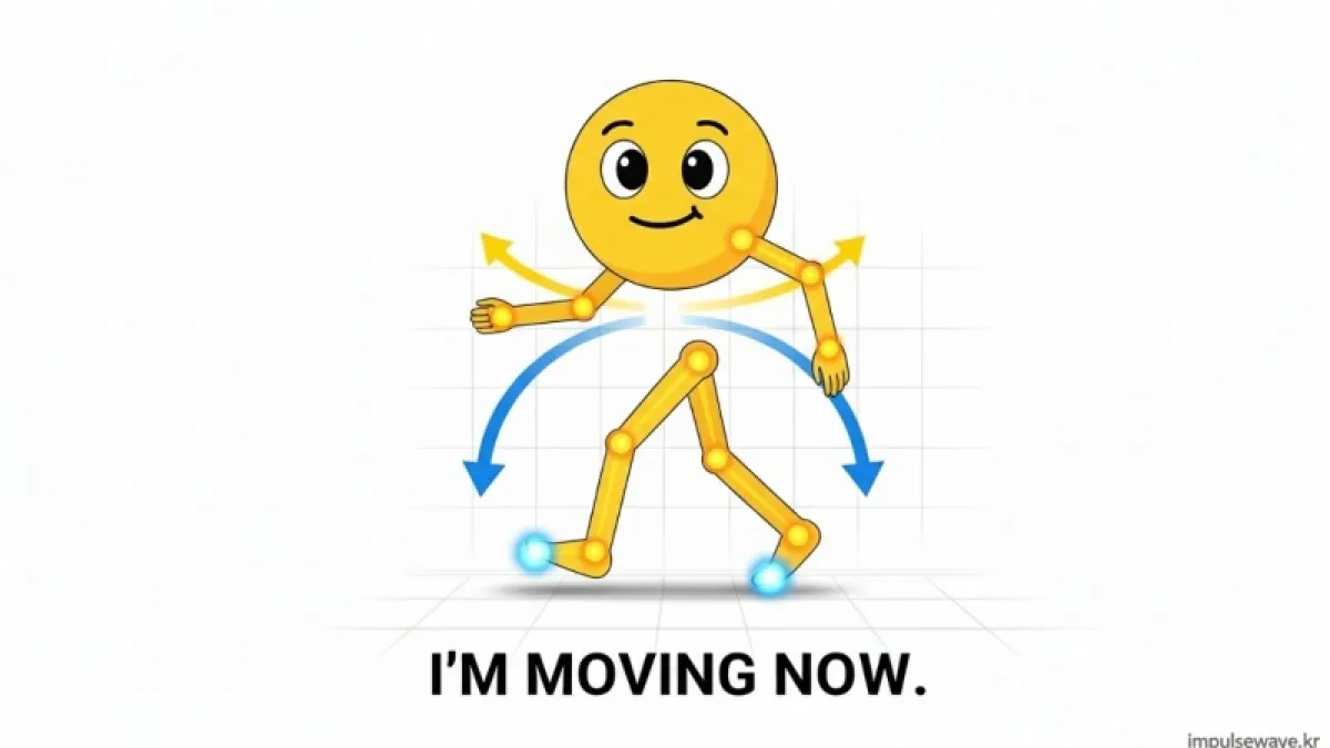 걷기 자세의 올바른 각도를 보여주는 전신 실루엣, 팔의 90도 각도와 발뒤꿈치 착지 강조