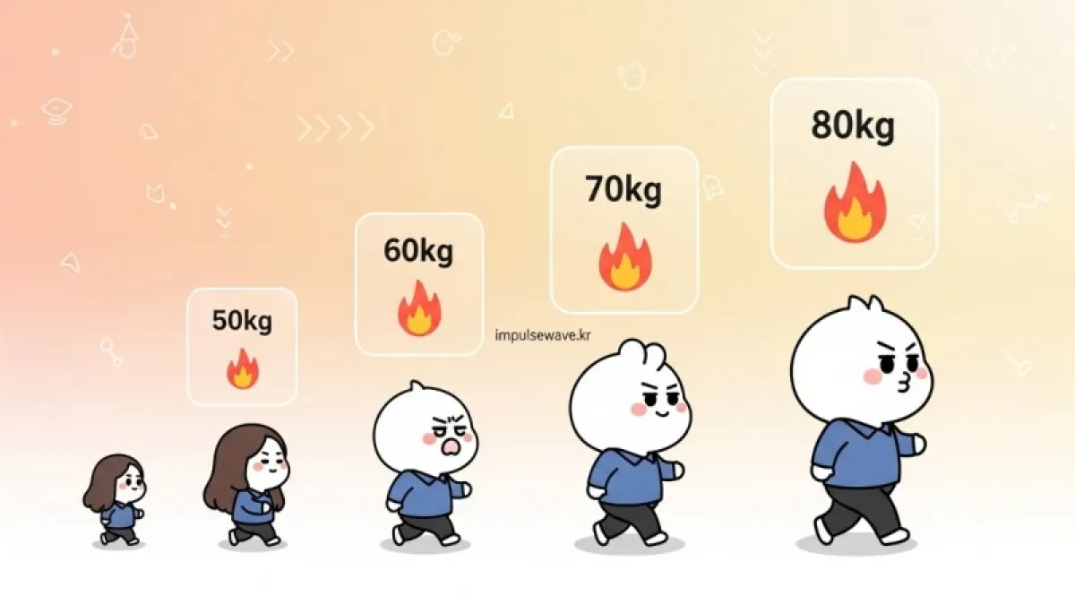 체중계와 걷는 발 모양이 겹쳐진 인포그래픽, 체중에 따라 소모되는 에너지를 불꽃 아이콘으로 표시