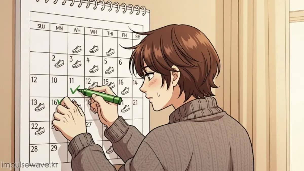 달력 위에 매일 1km씩 체크되어 있는 성공 리스트와 점진적으로 날씬해지는 캐릭터의 변화