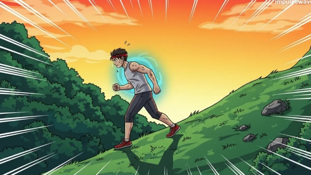 푸른 산책로의 언덕길을 오르는 사람과 그 옆에