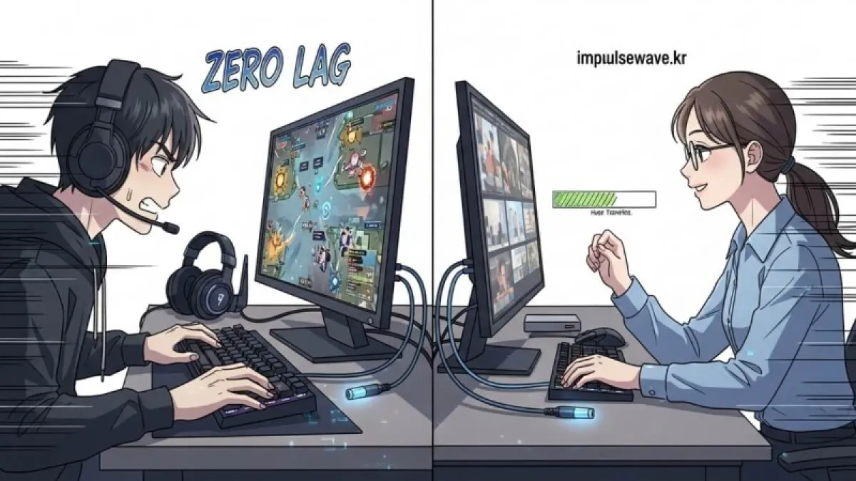 화려한 RGB 조명이 있는 게이밍 룸과 정갈한 사무실 배경에 각각 최적의 랜선을 매칭한 그래픽