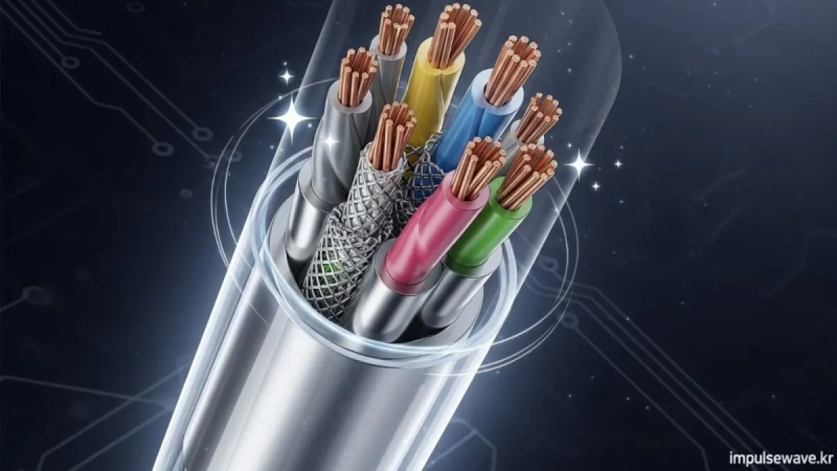 랜선의 단면을 보여주며 8개의 구리선, 십자 가이드, 알루미늄 포일 층을 층별로 묘사한 일러스트