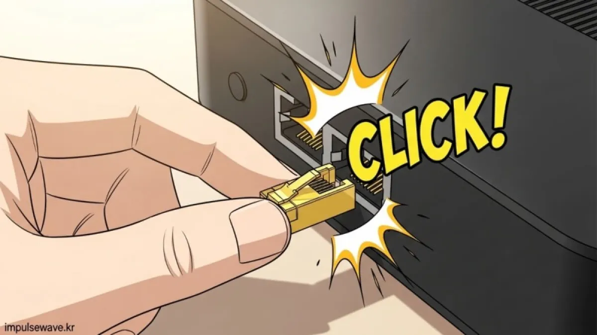 RJ45 커넥터의 금색 핀 부분과 케이블 프린팅 정보를 체크하는 손 모양 일러스트