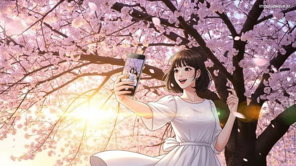 하얀 원피스를 입은 여성이 벚꽃 나무 아래서 웃으며 셀카를 찍는 화사한 모습