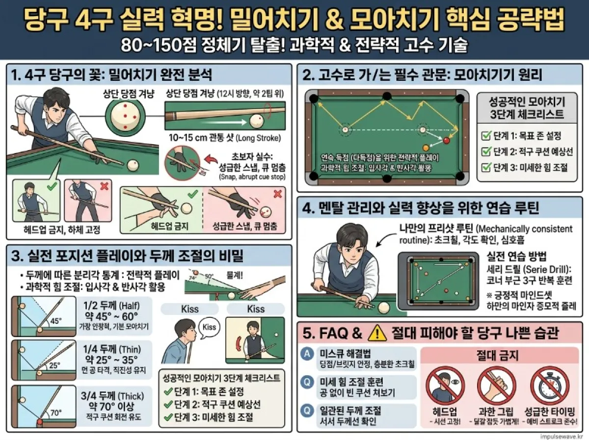 당구 4구 잘치는법 밀어치기 모아치기 완벽 가이드