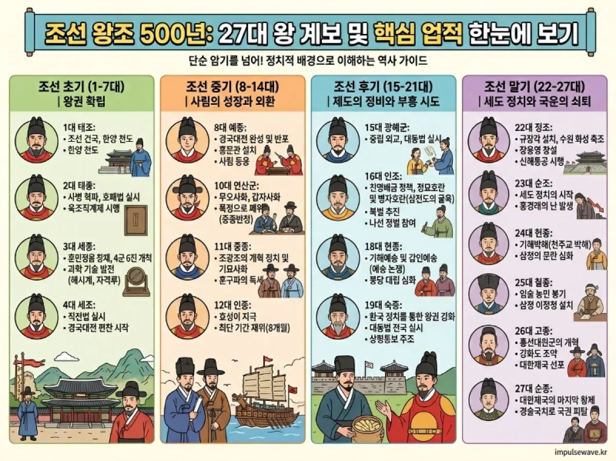 조선 왕 순서 조선시대 왕조 계보 총정리 쉽게 외우기