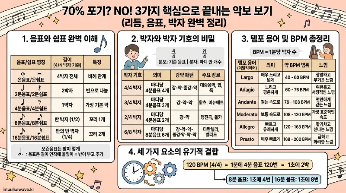 초보자를 위한 박자, 음표, 템포의 이해 도표 정리