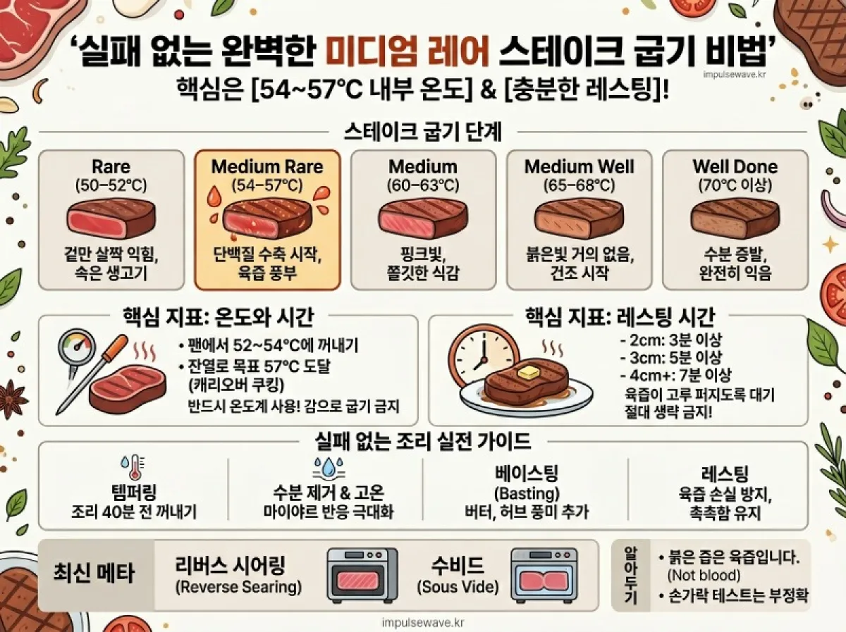 스테이크 굽기 단계와 온도 시간의 정도 미디움 레어 비법